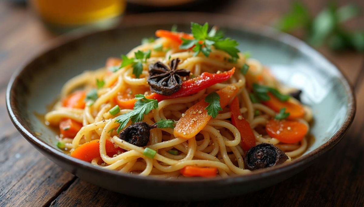 Sauté de petits légumes anisés à l’orange et nouilles