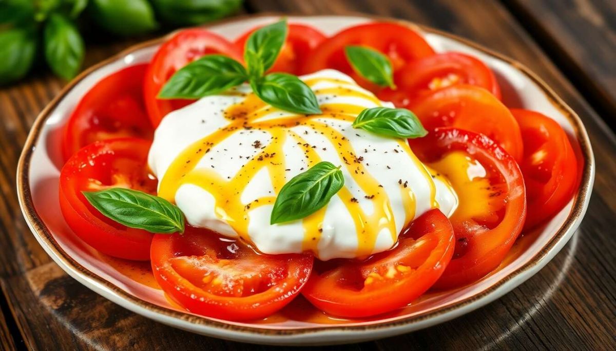 Une salade de tomates à la burrata, fraîche et incontournable