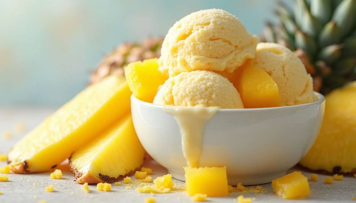 Évasion tropicale : découvrez notre crème glacée à l’ananas et à la mangue